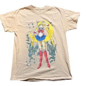 Sailor Moon Shirt Mens Medium Beige Anime Graphic Short Sleeve T Shirt Tee